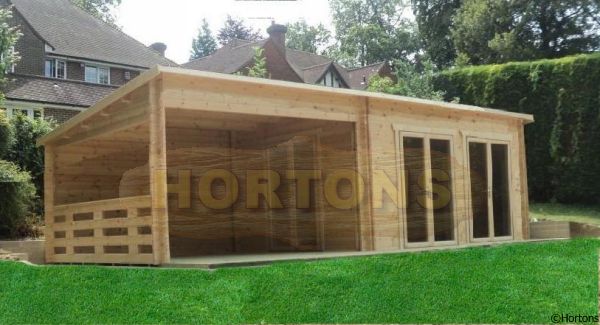 Log Cabin 10.0 x 4.0m Pent roof 45mm log cabin with barbecue area